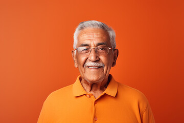 Smiling senior mustache man looking at camera standing on orange background. Generative AI.