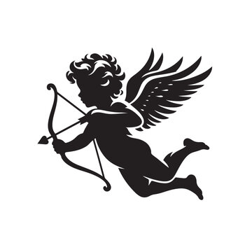 recommend clip art: Intricate details bring to life the grace of a Valentine Cupid's black silhouette - vector stock for Valentine Day
                    