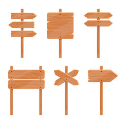 Set of wooden sign posts isolated on white background. Realistic blank signboards for road, wood pointer and timber for pointing direction. Vector illustration.