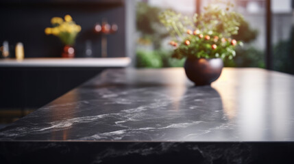 A dark marble table, ready for product display in a contemporary kitchen, with a blurred background, creating a stylish setting.Mockup