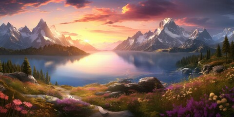 Panorama of a mountain landscape during sunset with a lake and flowers in the foreground - obrazy, fototapety, plakaty