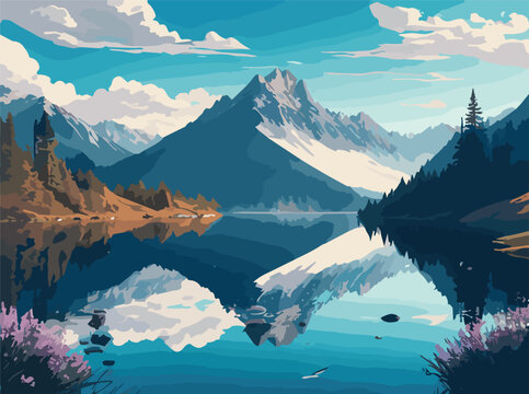 Design an intricate vector illustration of a pristine snowy mountain range, where a serene lake reflects the towering snow-covered peaks in the foreground, while a cloudy sky in the background adds a	