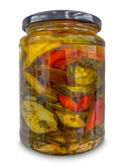 Mixed vegetables grilled and preserved in oil in glass jar isolated