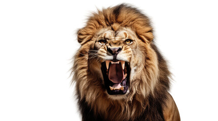 Portrait of a roaring lion with an aggressive look, isolated a transparent background - obrazy, fototapety, plakaty