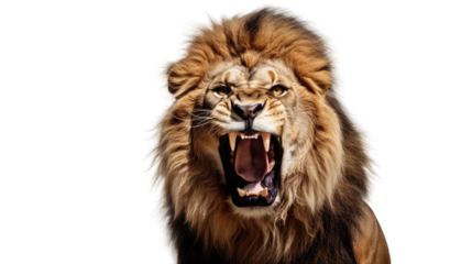 Portrait of a roaring lion with an aggressive look, isolated a transparent background