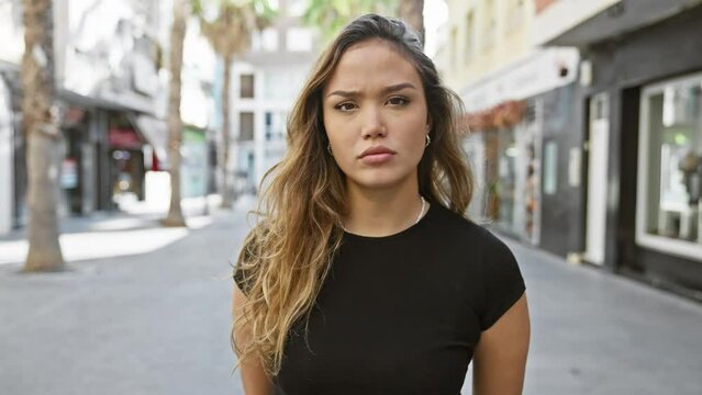 Young, beautiful, hispanic woman strikes a serious expression, standing, head shaking no on a sunny, urban street, capturing a cool, outdoor lifestyle portrait.