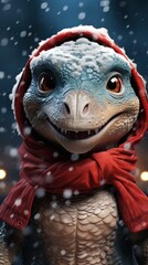 Fototapeta premium Christmas dinosaur in winter background