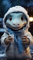 Obraz premium Christmas dinosaur in winter background