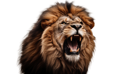 Portrait of a roaring lion with an aggressive look, isolated a transparent background