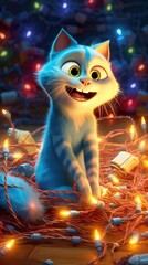 cat tangled in string of Christmas lights