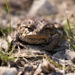 Fototapeta premium AI generated illustration of a close-up of a European bufo toad perched on a rock and grassy area