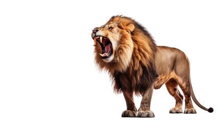 Portrait of a roaring lion with an aggressive look, isolated a transparent background