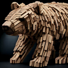 Grizzly bear made of wood on black background - abstract artwork