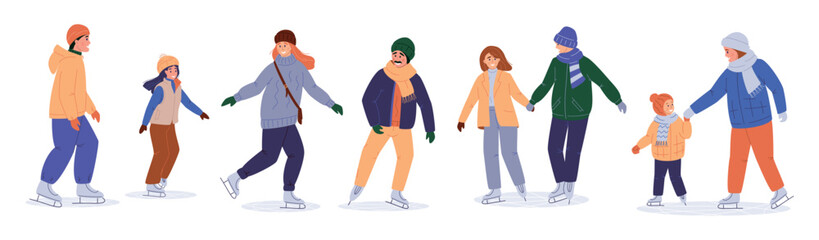 Set of people ice skating, winter sport activity, flat vector illustration isolated on white. Young men and women in warm clothes on holiday, weekend on ice rink, winter vacation, outdoor activity