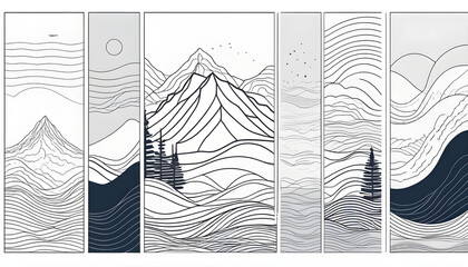 set of creative minimalist modern line art print. Abstract mountain contemporary aesthetic backgrounds landscapes. with mountain, forest, sea, skyline, wave. vector illustrations