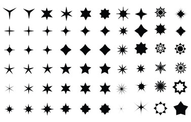 Twinkling stars. Sparkle star icons. Minimalist silhouette stars icon, twinkle star shape symbols. Modern geometric elements, shining star icons, abstract sparkle black silhouettes symbol vector set