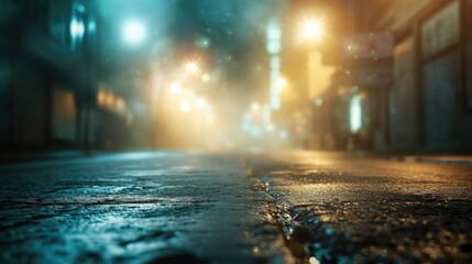 Night city street with lights and fog. Blurred background. Selective focus
