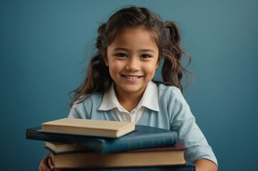 beautiful little girl smiling on a blue background, reading a book. school, back to school, copy space