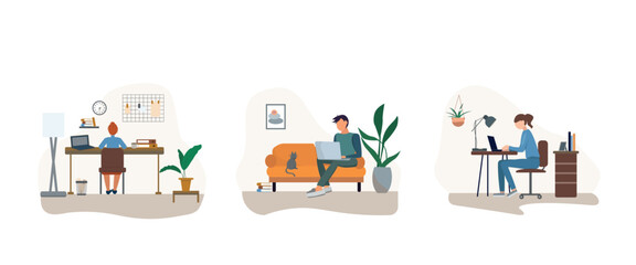Working at home, concept illustration. Young people, men and women freelancers working on laptops and computers at home. Vector flat style
