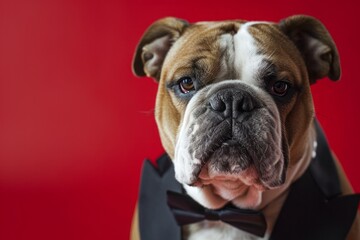 English bulldog in a tuxedo on a red background