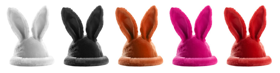 Set collection of fur furry red pink brown orange black white bunny rabbit hare ears hat headgear on transparent background cutout, PNG file. Many different colours. Mockup template for artwork design - obrazy, fototapety, plakaty