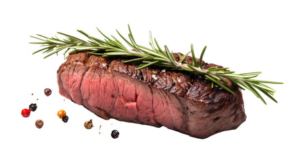 Succulent roasted beef tenderloin steak with rosemary and coarse pepper against a white background