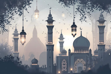 ramadan Kareem, Ramadan crescent moon, Eid Mubarak Islamic festival social media banner and Eid Mubarak Post Template, islam	 - obrazy, fototapety, plakaty