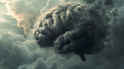 An abstract representation of brain fog, depicting a human head silhouette with a clouded or obscured brain, symbolizing difficulty in thinking, concentration, and mental clarity. - obrazy, fototapety, plakaty