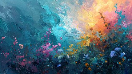 Abstract Spring Time Painting Of A Range of Colorful Flowers Blooming. Painting With Thick Strokes. Copy Space