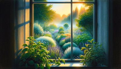 View to a beautiful garden full of of herbs and flowers through an open window. Blooming flowers and aromatic herbs in a garden during a sunset.