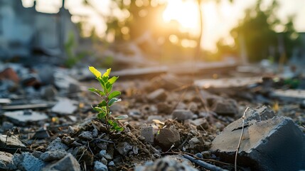 A resilient small green plant with fresh leaves sprouting from a pile of gray rubble, symbolizing hope and the power of nature amidst destruction. - obrazy, fototapety, plakaty