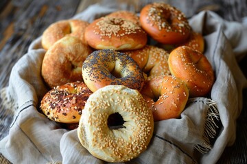 Close-up of various fresh delicious bagels