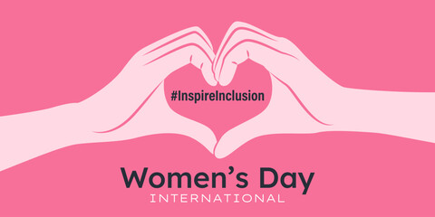 Inspireinclusion. 2024 International Women's Day horizontal banner. Female hands showing sign of heart on pink background. Design for poster, campaign, social media post. Vector illustration. - obrazy, fototapety, plakaty