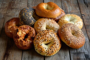 Close-up of various fresh delicious bagels - obrazy, fototapety, plakaty