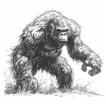 a black and white drawing of a gorilla