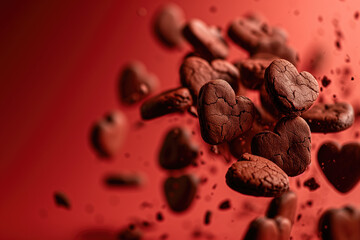 Chocolate Heart Cookies for Valentine's Day. Red background. Generative AI