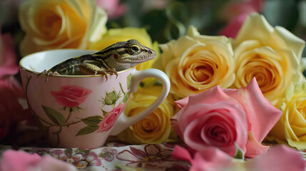 Lizard in a Tea Cup at a Vintage Tea Party with Yellow and Pink Roses 