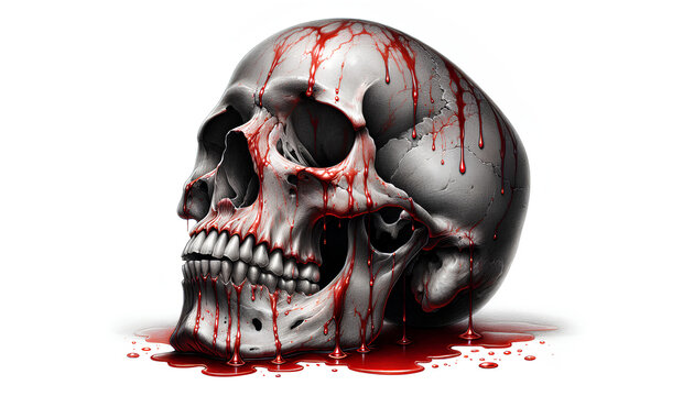 side view of a human skull in blood isolated on white background 

