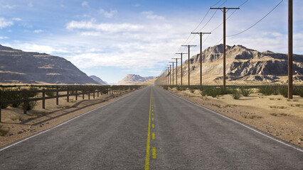Fototapeta na wymiar Emtpy straight road through a desert landscape with mountains and blue sky. 3D illustration.