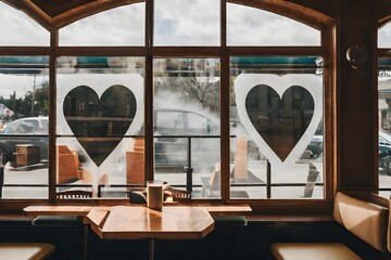 view from the window A window seat in a coffee shop with a heart shaped steam print on the glass
view of the window