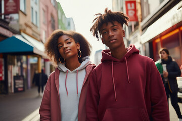 Two Afro - American teenagers in blank hoodies walking in city street. Mock up template for hoodie design print