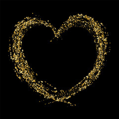 Confetti with gold glitter in the shape of a heart on a black background. Shiny particles and sand are scattered. Decorative element, golden heart. Luxury holiday background, vector