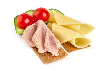 Liver pate sandwich, close-up, isolated on white background.