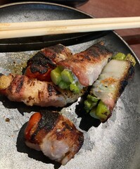 Japanese vegetable yakitori wrapped in bacon