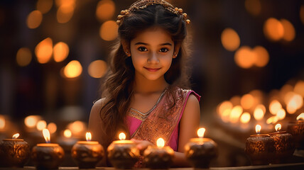 Beautiful indian little girl lighting diya during Diwali festival