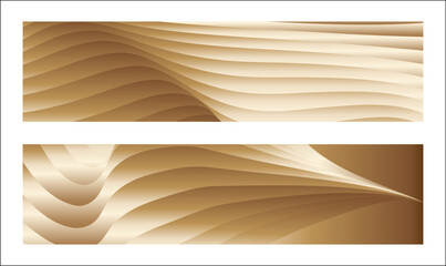 Wavy golden parallel gradient lines, ribbons, silk. Golden with shades of yellow background, banner, poster. Set of 2 backgrounds. Eps vector