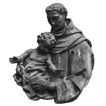 Old statue of monk with baby isolated background. Saint with Jesus in his arms isolated png.