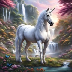 Obraz na płótnie Canvas In a vibrant landscape, a majestic unicorn stands amidst blooming flowers, with butterflies dancing around. The scene exudes enchantment, where strength and beauty meet in the essence of magic