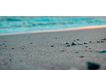 Relaxing Mediterranean beach summer panoramic on transparent background. Waves surf with amazing