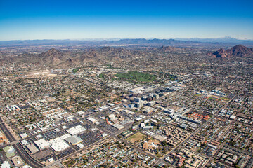 Aerial view looking from SW to NE over the 24th Street and Camelback Road area of Phoenix, AZ